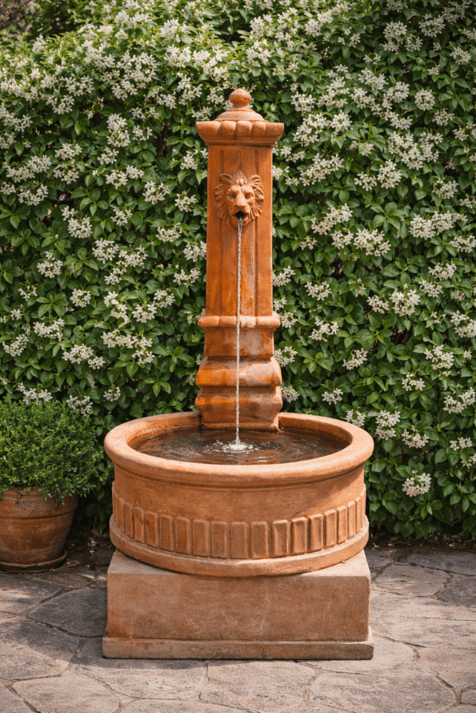 Fontanelle en terre cuite d’Impruneta avec tête de lion – fontaine autoportante au décor antique